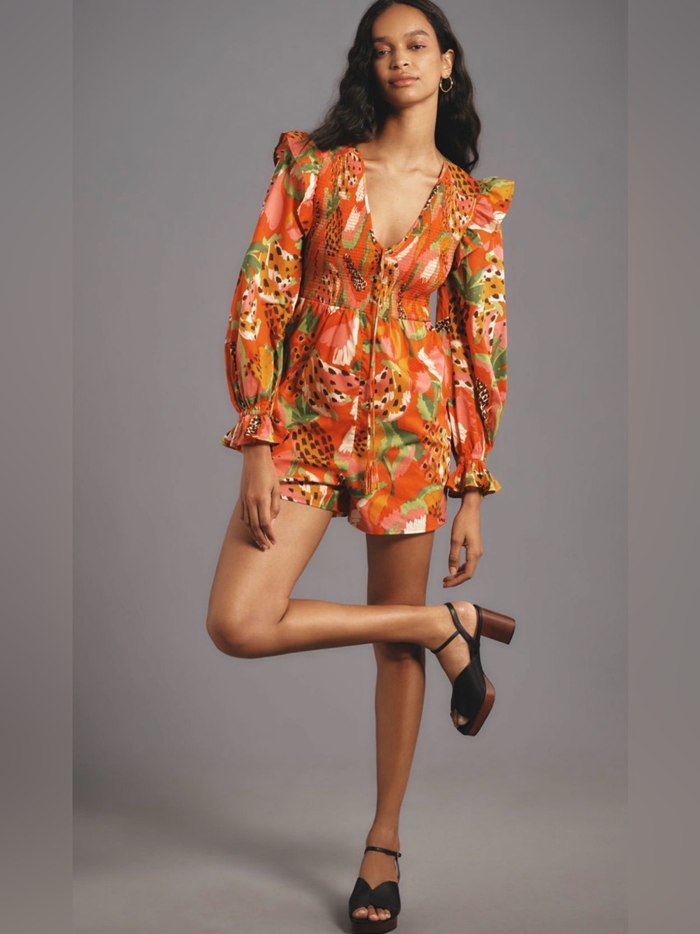 NWT Farm Rio Anthropologie Tropical Ruffle-Sleeve Romper Sz: XS